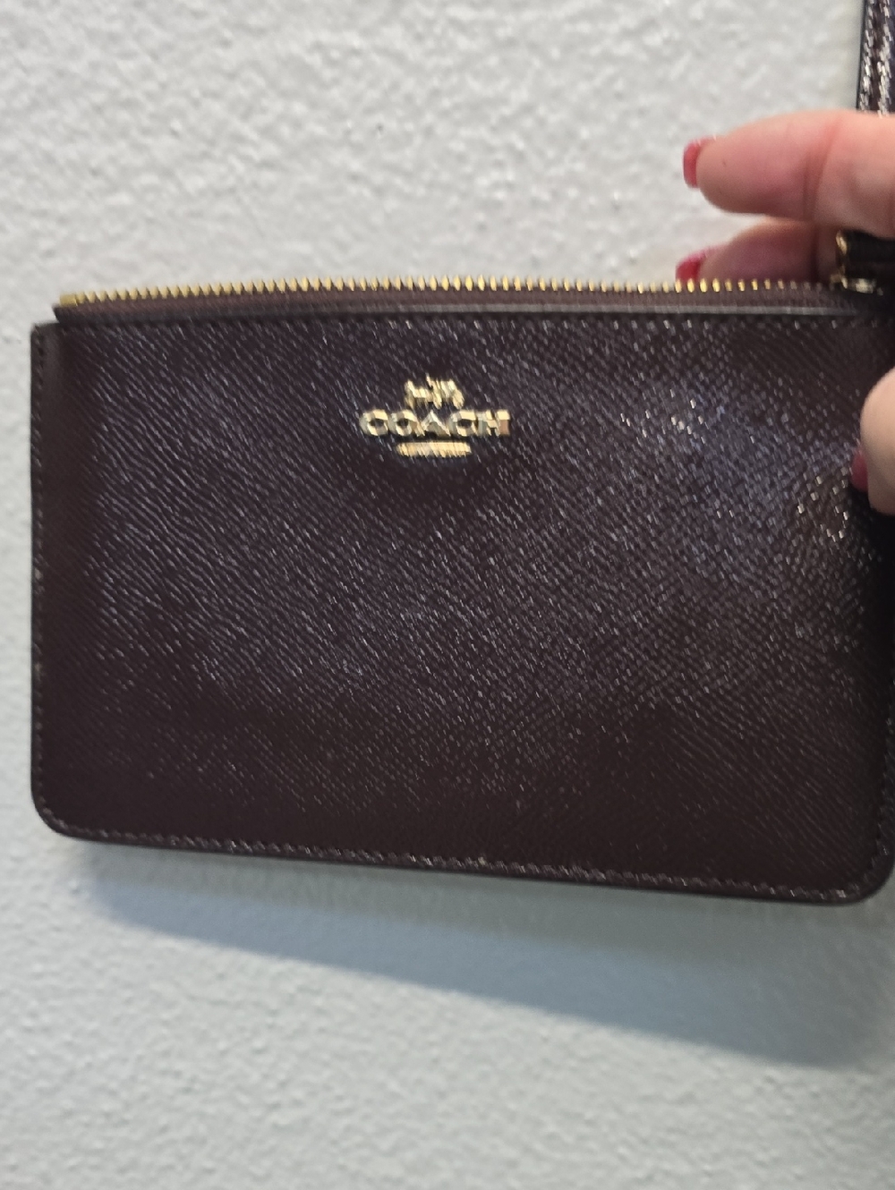 Coach Pebbled Leather Wristlet - Dark Brown with Gold Hardware